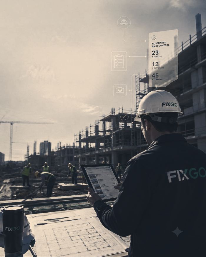 Capataz revisando el estado de la obra desde la app Fixgo en una tablet